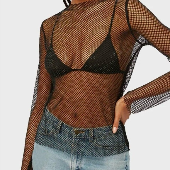 WeWoreWhat Black Mesh Mock Neck - Picture 4 of 8